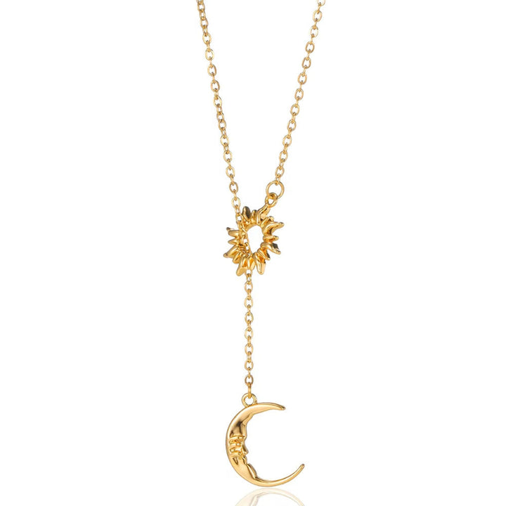 Sun & Engraved Face Moon Lariat Drop Necklace, Gold Silver Celestial Matching Couple Best Friend Layer Pendant