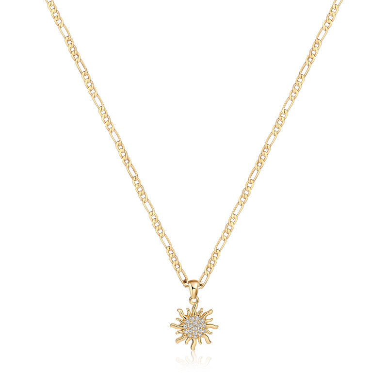 Pave‑Set Diamond Sun Pendant Necklace, Dainty Figaro Chain Necklace in Gold‑Tone &amp; Silver‑Tone