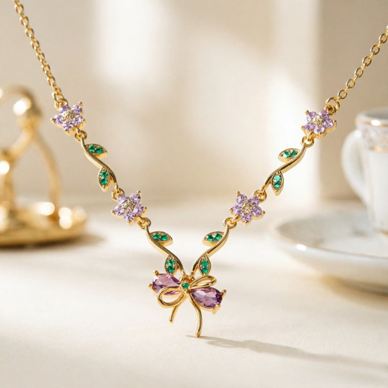 Vine Floral Bow Diamond Gold Necklace, 3 Pastel Tone Dainty Romantic Collarbone Chain