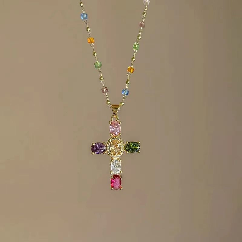 Colorful Gem Cross Pendant Necklace, Ideal for Birthday &amp; Christmas Gift for Women