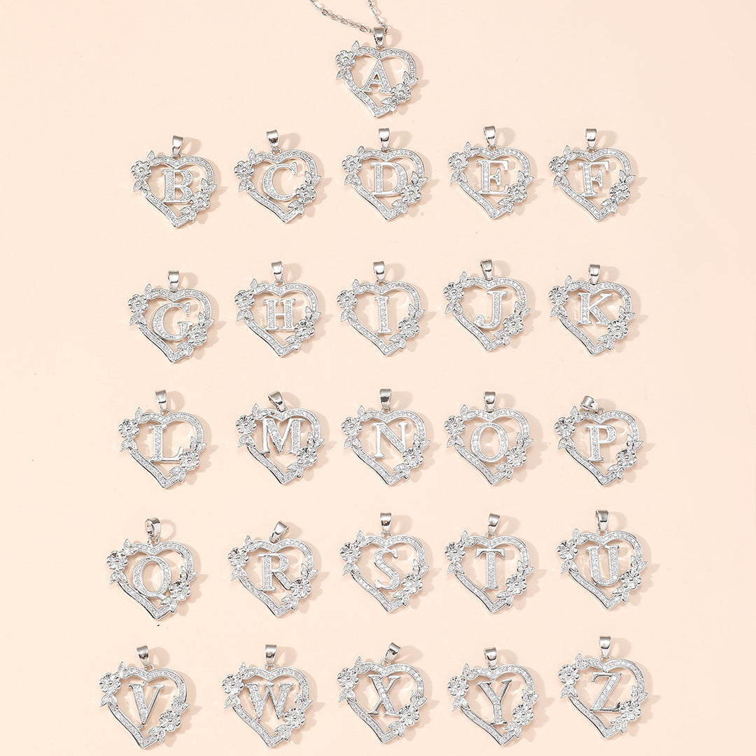 Heart‑Shape Floral 26‑Letter Initial Pendant Necklace, 2‑Tone Option