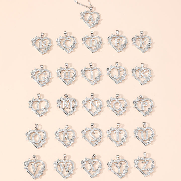 Heart‑Shape Floral 26‑Letter Initial Pendant Necklace, 2‑Tone Option