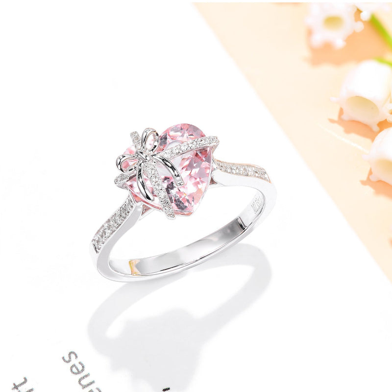 Bow‑Wrapped Heart‑Shaped Gem & Diamond Ring, Dainty Gift‑Inspired Statement Adjustable Opening Ring for Women