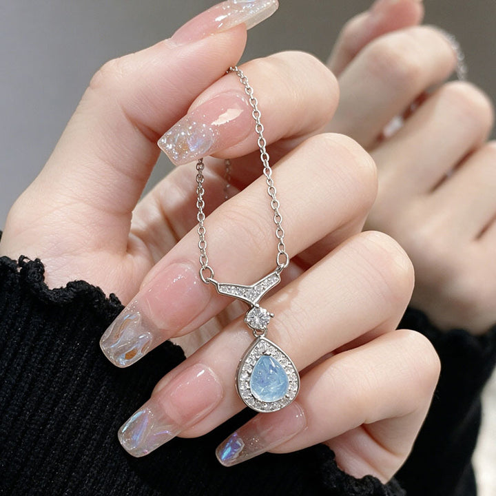 Mermaid Teardrop Blue Gem Pendant Necklace, Elegant Sparkling Halo Collarbone Necklace for Women