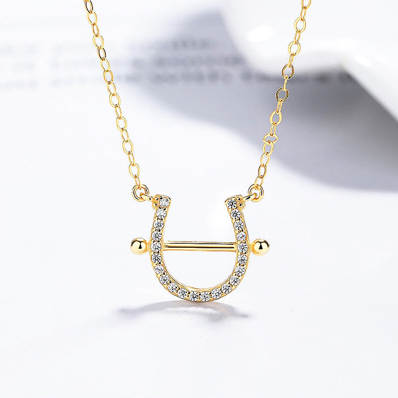 Set with diamonds Horseshoe Pendant Necklace, Gold Lucky Western Minimalist Chain