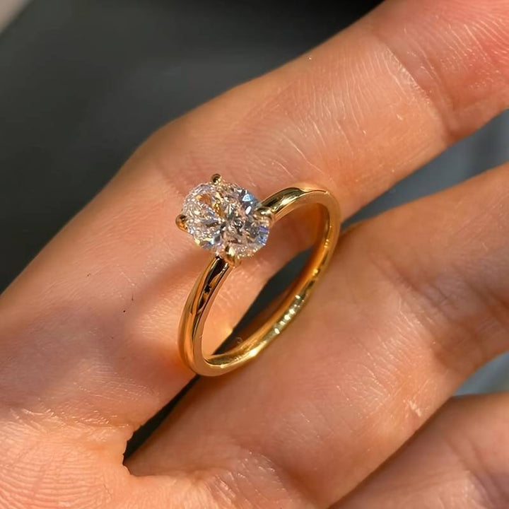4-Prong Oval Cut Stone Solitaire Ring, 18K Gold Silver Minimal Slim Band Engagement Ring