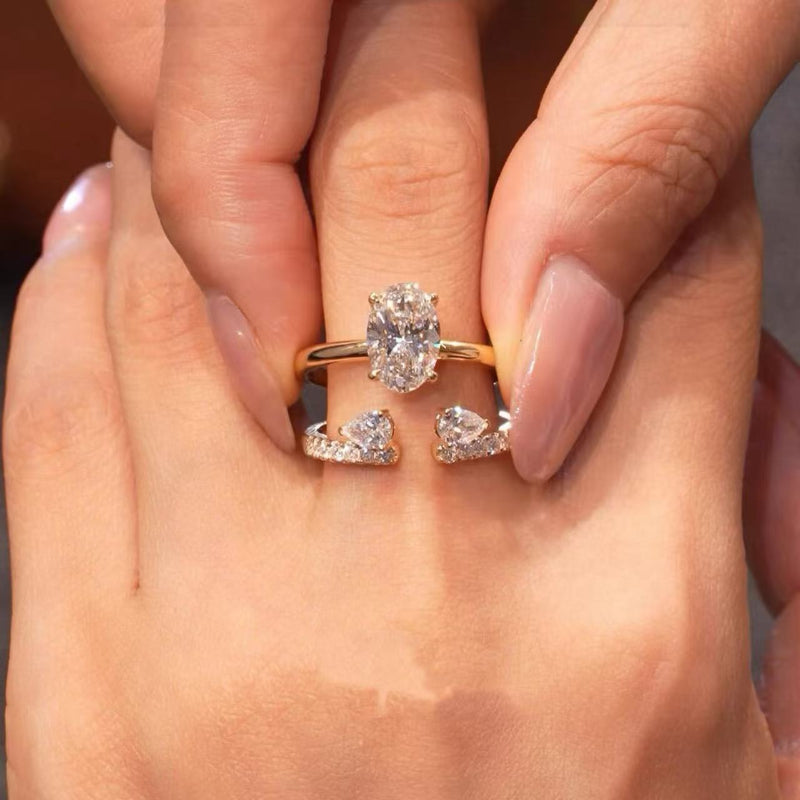 Oval Diamond Gold Open Wrap Bridal Ring Set, Curved Teardrop Accent Stackable Duo