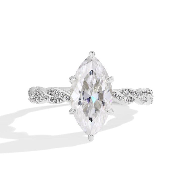 Marquise Diamond Twisted Pave Band Ring, 2 Tone Vine Texture Bridal Solitaire