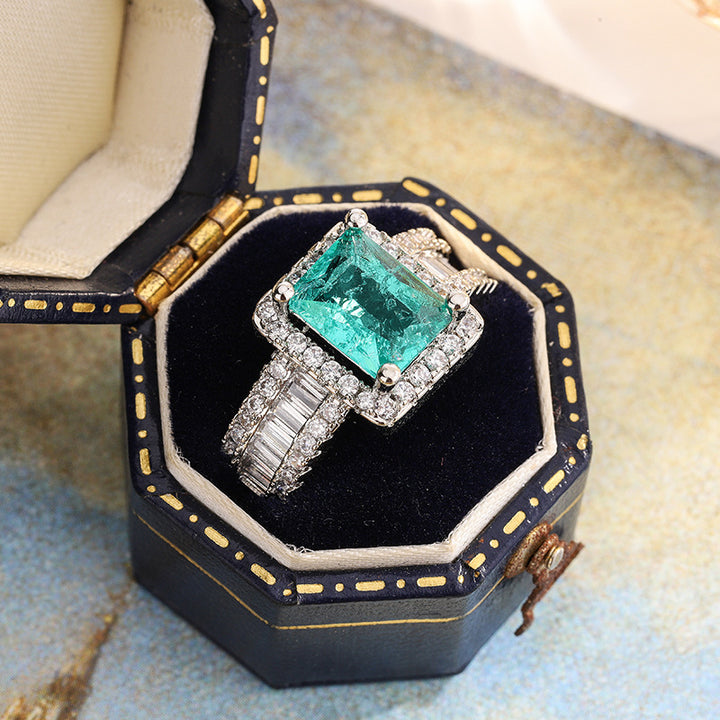 Emerald Cut Green Gemstone Halo Ring, S925 Silver Paved Diamond Statement Ring