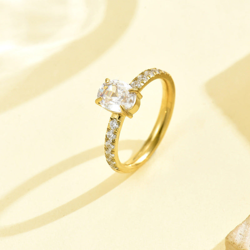 4-Prong Pear Cut Stone Half Pave Band Ring, 18K Gold Silver Dainty Bridal Promise Ring