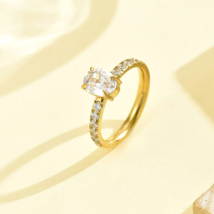 4-Prong Pear Cut Stone Half Pave Band Ring, 18K Gold Silver Dainty Bridal Promise Ring