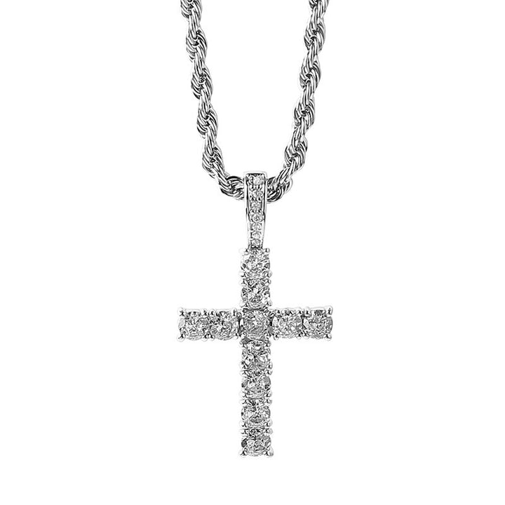 Iced‑Out Round‑Cut Diamond Cross Pendant Necklace, 2‑Tone Hip‑Hop Rope Chain Necklace