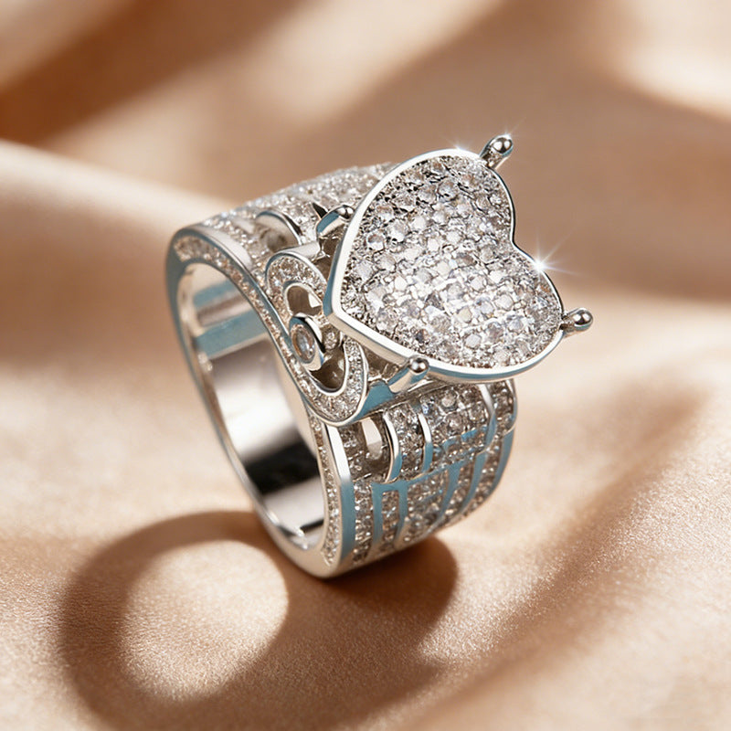 Micro-setting Diamond Heart Split Shank Statement Ring, Bold Luxury Romantic Fine Jewelry