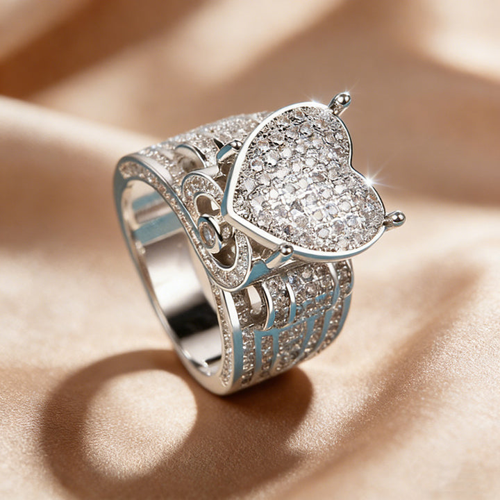 Micro-setting Diamond Heart Split Shank Statement Ring, Bold Luxury Romantic Fine Jewelry
