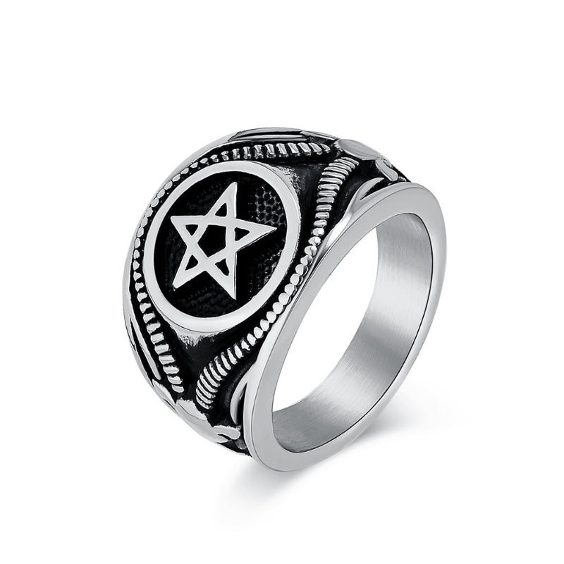 Vintage Pentagram Signet Ring, 3 Finishes Ornate Border Men’s Vintage Occult Amulet Ring
