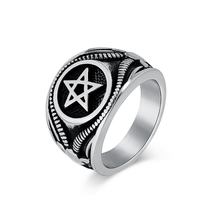 Vintage Pentagram Signet Ring, 3 Finishes Ornate Border Men’s Vintage Occult Amulet Ring