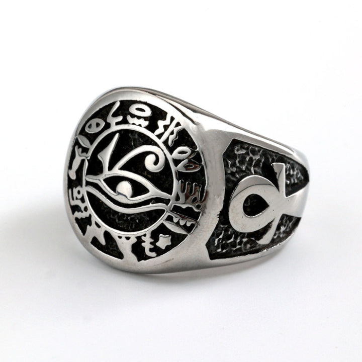 Ancient Egyptian Eye of Horus Signet Ring, Engraved Ankh Hieroglyph Unisex Symbol Ring