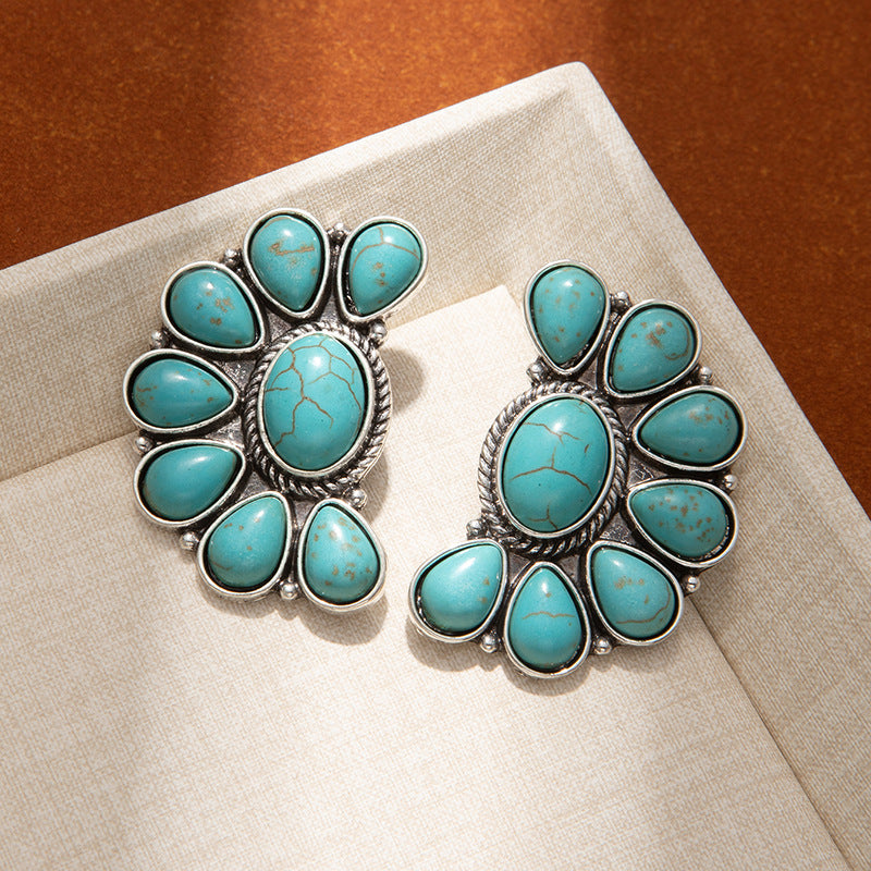 Turquoise Gemstone Earrings, High-End Women's Retro Bohemian Ethnic Style Earrings