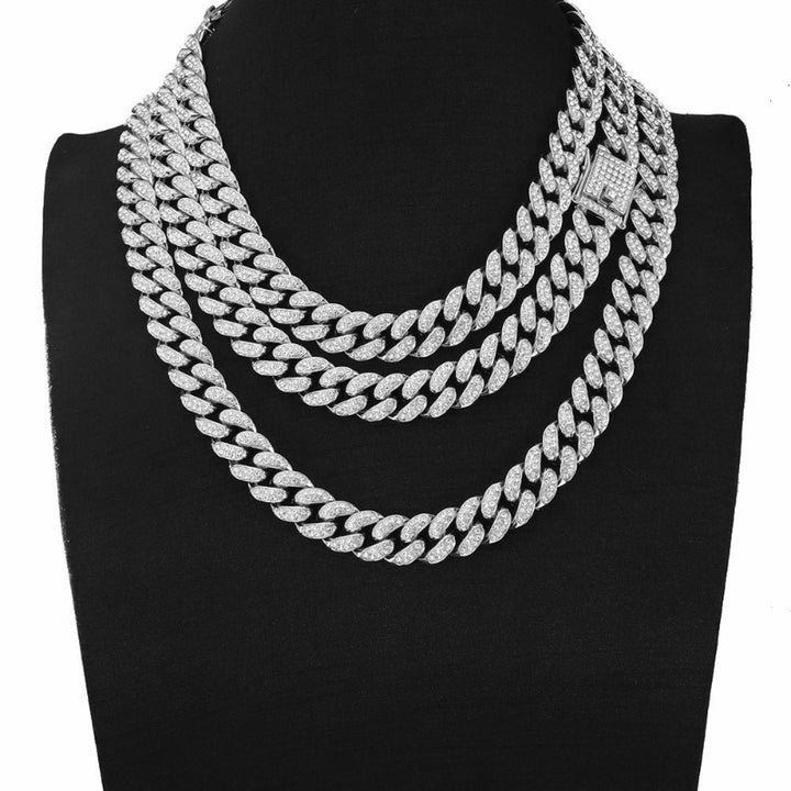 15mm Iced‑Out Diamond Cuban Link Chain Set, Hip Hop Style Necklace and Bracelet for Trendy Men