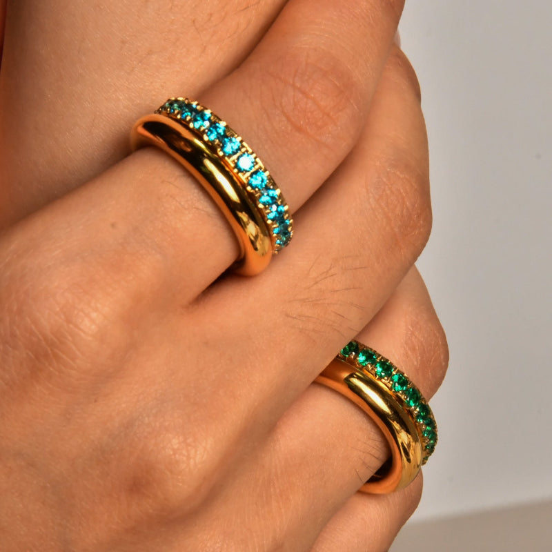 Interlocked Double Band Colorful Gem Ring, Waterproof Stackable Linked Ring For Women & Men