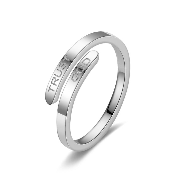 TRUST GOD Engraved Open Adjustable Wrap Ring, Minimalist Christian Faith Inspirational Stackable Band