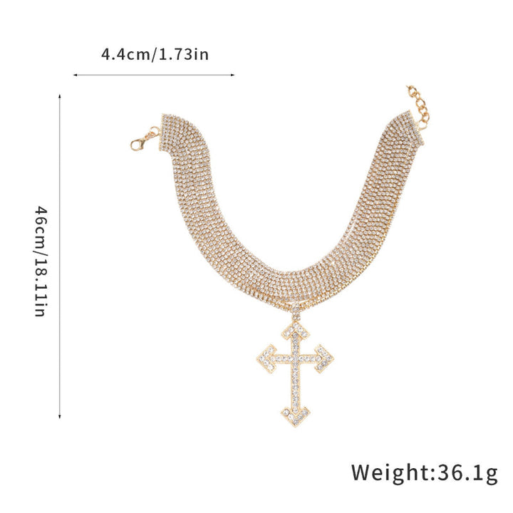 Arrow Cross Pendant Multi-Row Diamonds Choker Necklace, Hip Hop Bling Jewelry