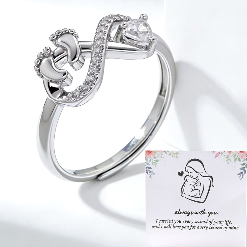 Open Adjustable Mom Baby Footprint Infinity Ring, Heart‑Stone Mother’s Keepsake Ring