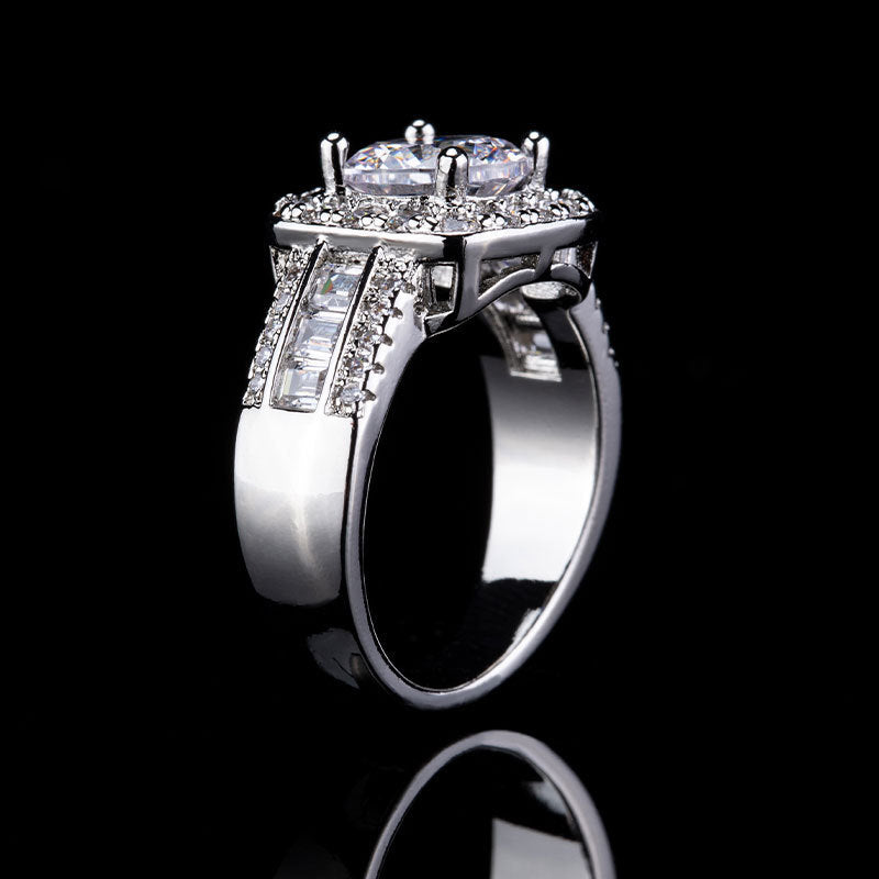 Round Cut Halo Engagement Ring, Baguette Diamond Ring for Formal Attire for Women