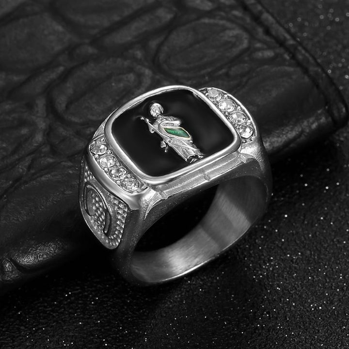 Vintage Enamel Embossed Figure Signet Ring with Side‑Set Diamonds, Men’s Statement Ring