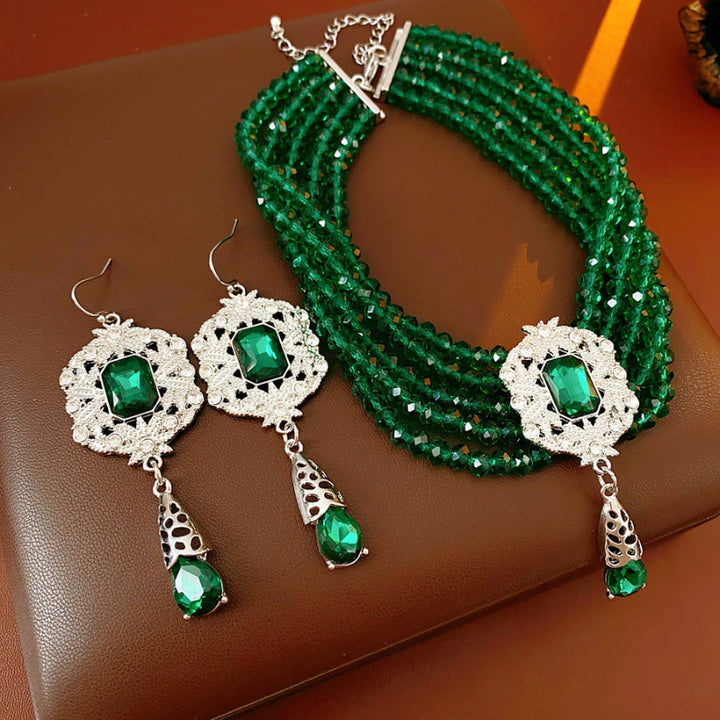 Multi‑Layer Gemstone Choker Jewelry Set, Luxury Teardrop Pendant Earrings and Necklace Set