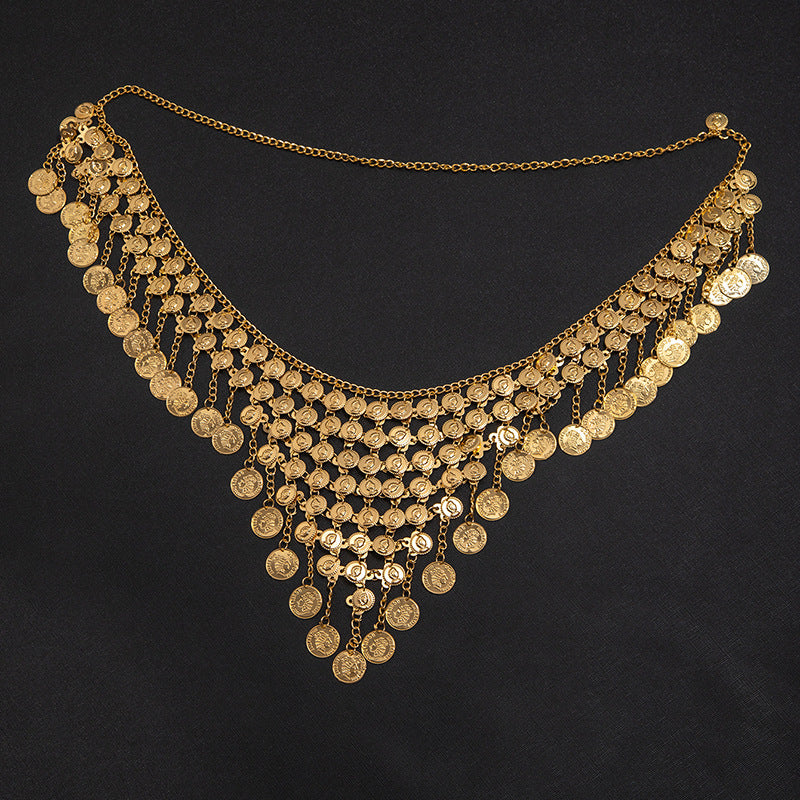 Vintage Coin Tassel Waist Chain, Adjustable Boho Layered Metal Belly Body Chain for Women