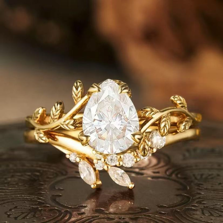 Leaf Shaped Stackable Ring Set, Elegant Teardrop Stone Matching Bands for Women