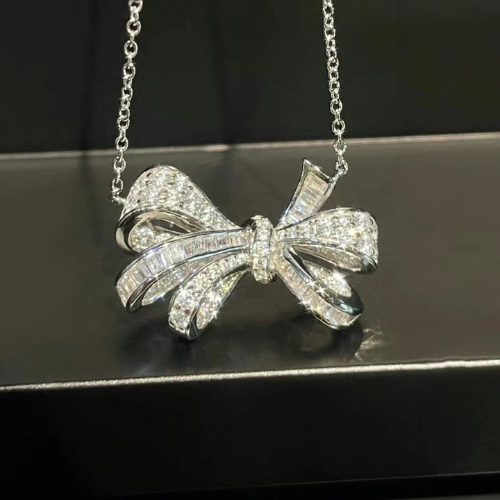 Bow Diamond Pendant Necklace, Elegant Sparkling Charm Necklace, Romantic Gift for Women