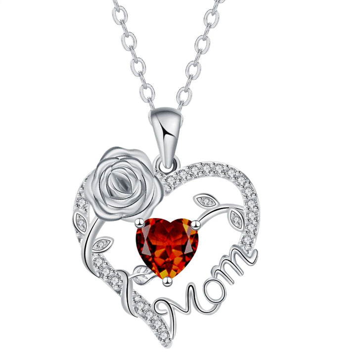 Mom Rose Heart Diamond Pendant Necklace, Hollow Open Heart Floral Jewelry Gift For Mother’s Day Birthday