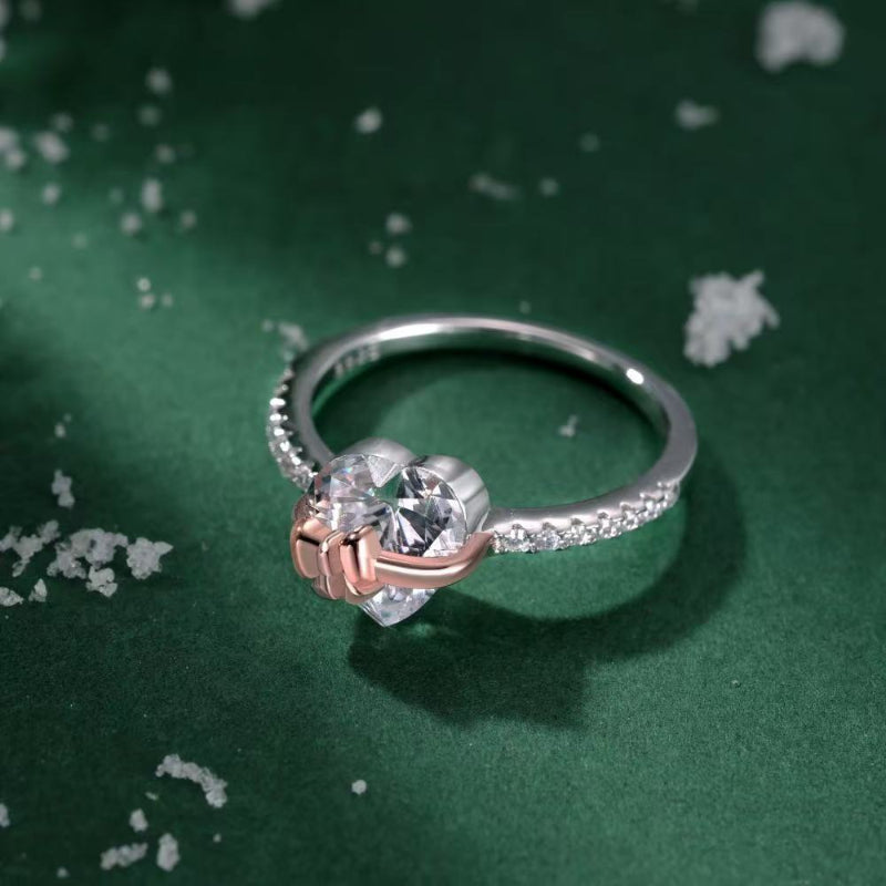 3D Heart Bow Diamond Pave Band Gold Promise Ring, Coquette Romantic Love For Women