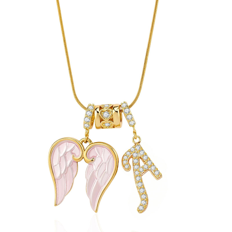 A-Z Diamond Initial Pink Enamel Angel Wing Pendant Necklace, 14K Women Coquette Romantic Stackable Jewelry