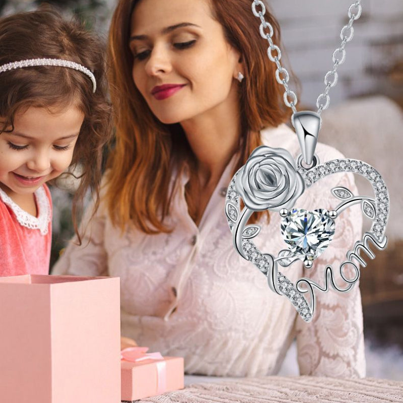 Mom Rose Heart Diamond Pendant Necklace, Hollow Open Heart Floral Jewelry Gift For Mother’s Day Birthday