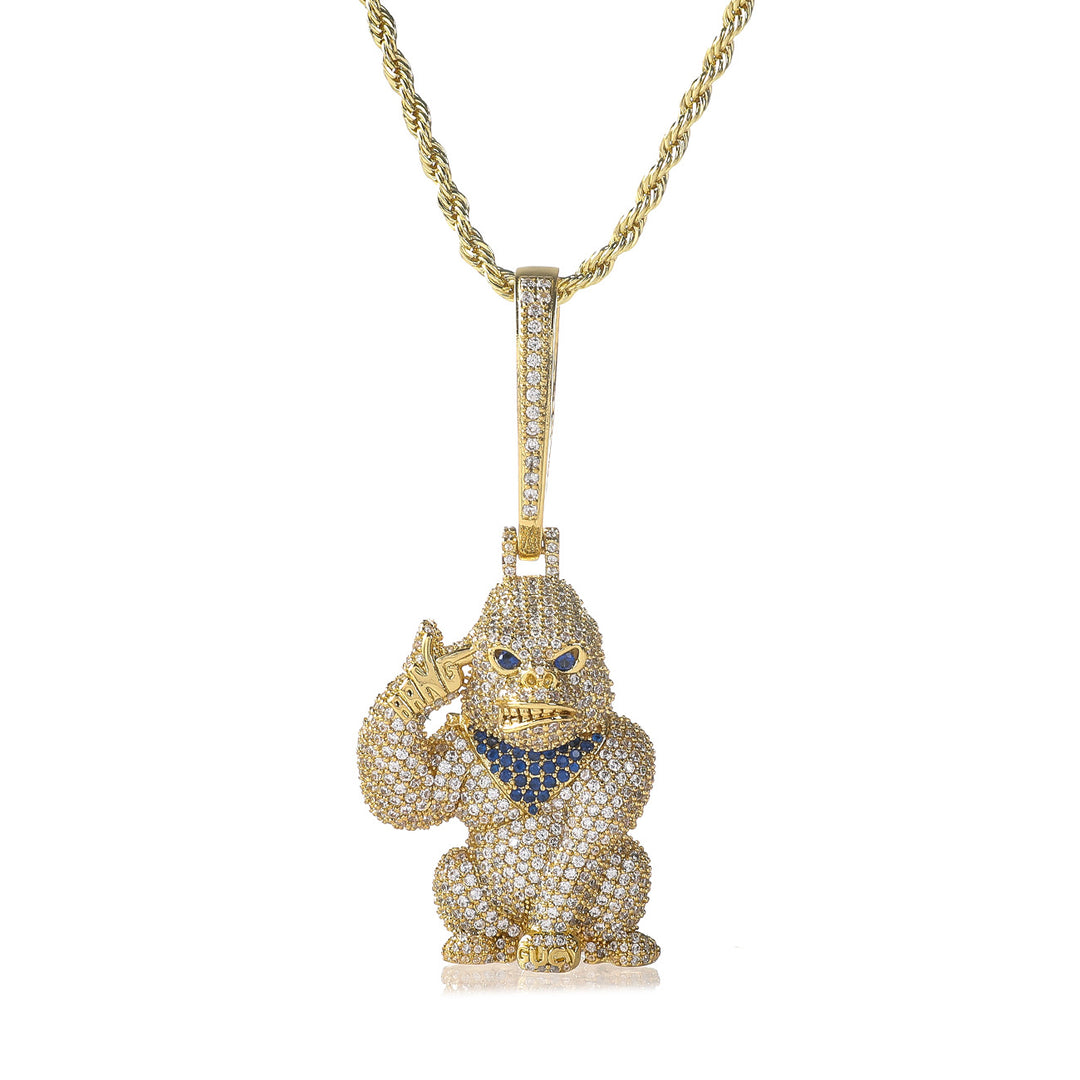 Iced Out Gorilla Hand Gun Pendant Necklace, 18K Gold Silver Hip Hop Rope Chain Jewelry