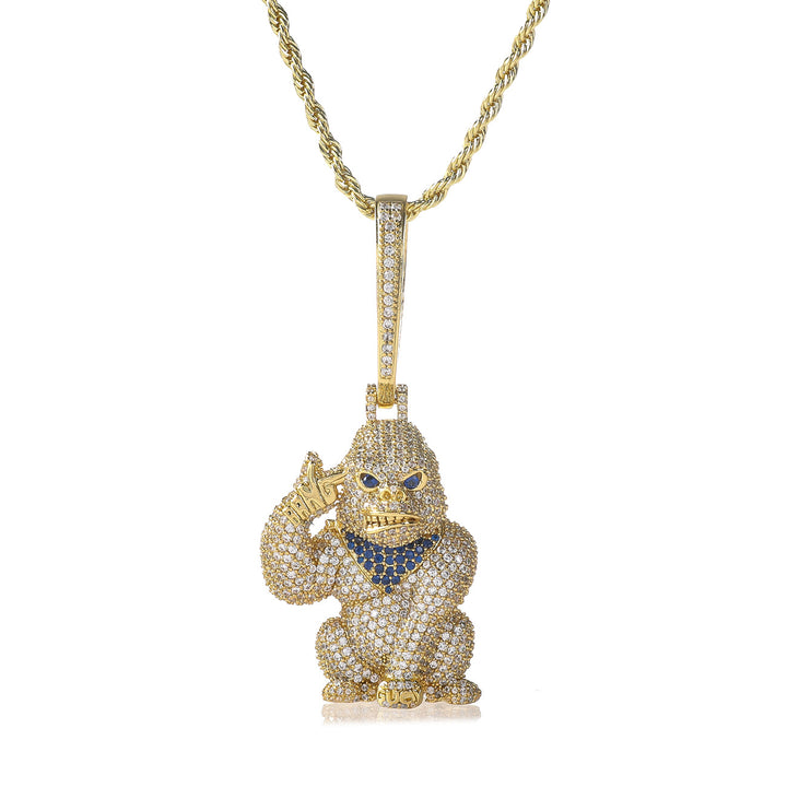 Iced Out Gorilla Hand Gun Pendant Necklace, 18K Gold Silver Hip Hop Rope Chain Jewelry