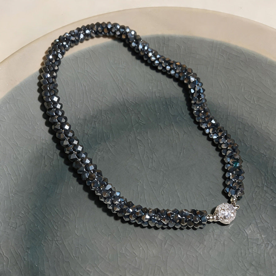 Twisted Multi-Strand Faceted Diamond Choker, Magnetic Diamond Ball Clasp Beaded Necklace