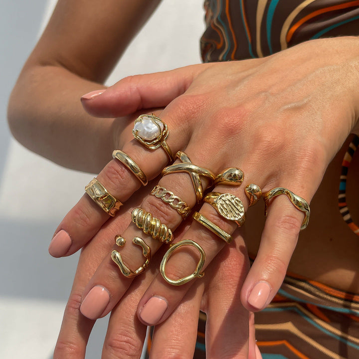 Irregular Abstract Stackable Gold/Silver Statement Ring Set, Handmade Textured Chunky Band Rings