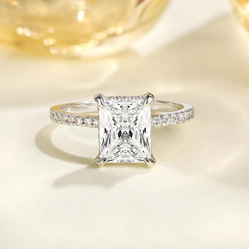 Radiant‑Cut Pave Side Stone Diamond Engagement Ring, Elegant Promise Ring for Women