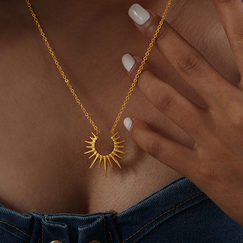 Crescent Sunburst Dainty Pendant Necklace, 18K Gold Silver Minimal Solar Collarbone Chain