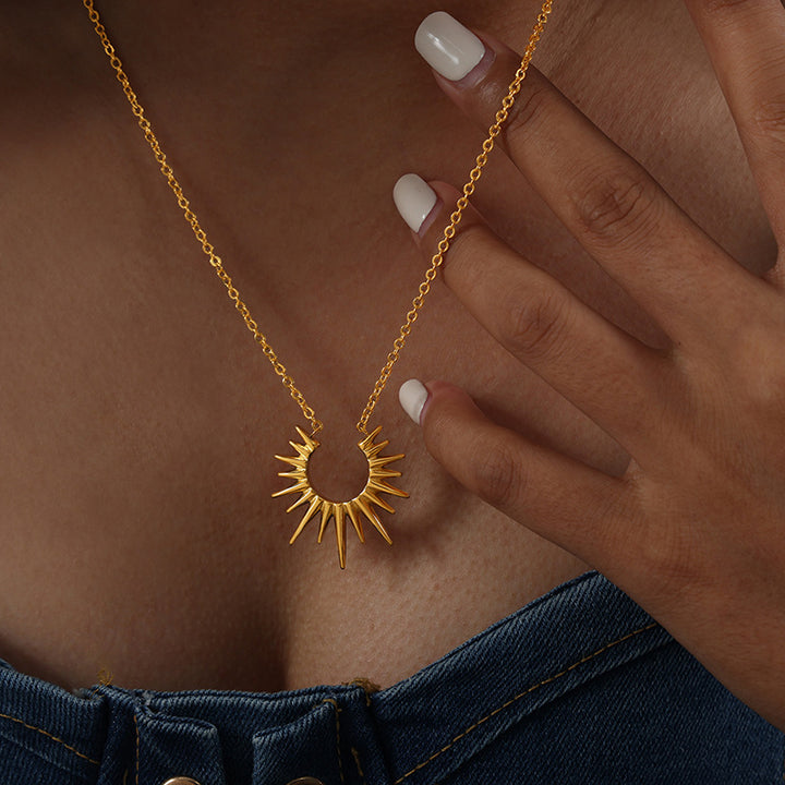 Crescent Sunburst Dainty Pendant Necklace, 18K Gold Silver Minimal Solar Collarbone Chain