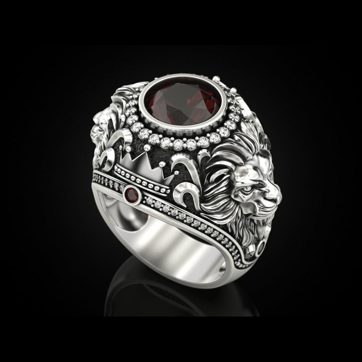 S925 &amp; 14K Lion‑Carved Gemstone Men’s Ring, Meaningful Gift For Him