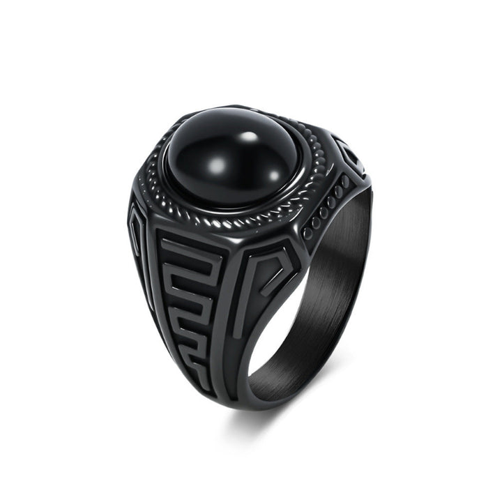 Vintage Geometric Pattern Signet Ring with Round Black Gemstone, Men’s Statement Ring