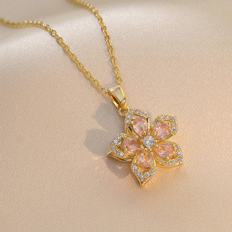Multi-Color Gem Flower Pendant Necklace, Rotating Floral Diamond Necklace Elegant Women Daily Jewelry