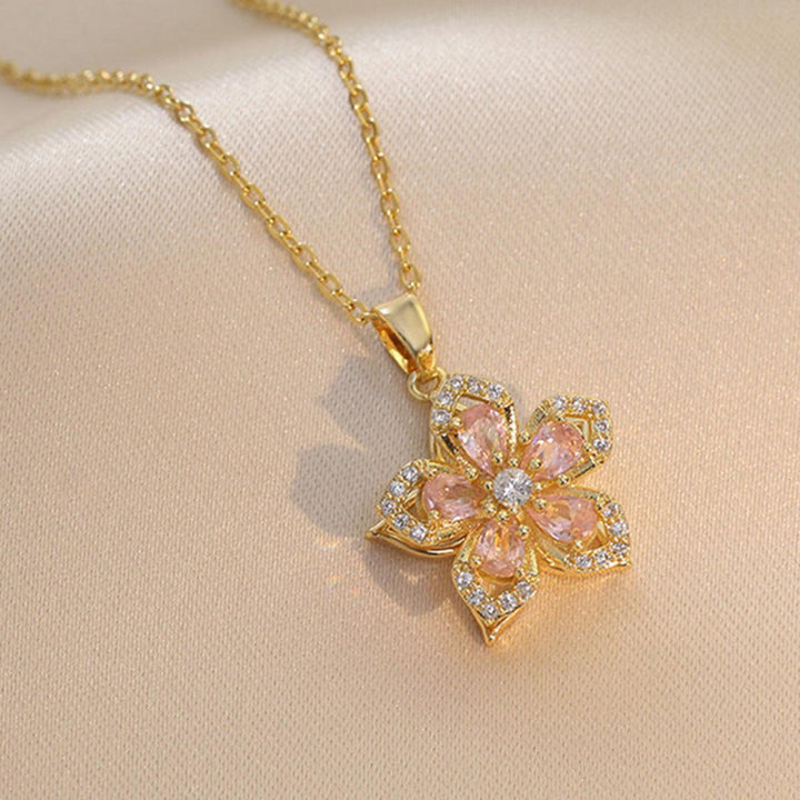 Multi-Color Gem Flower Pendant Necklace, Rotating Floral Diamond Necklace Elegant Women Daily Jewelry