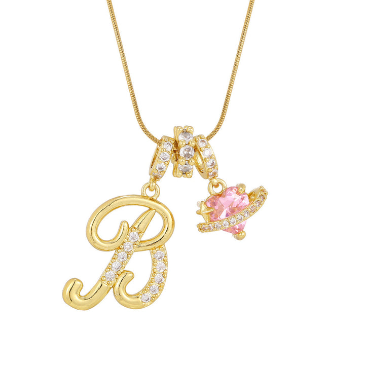 26 Letters Cursive Initial Pink Heart Planet Charm Gold Snake Chain Necklace