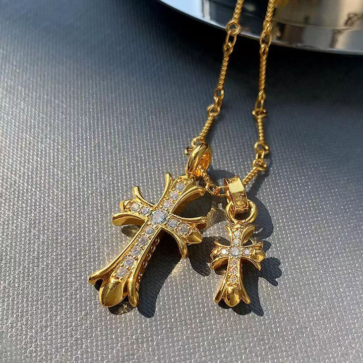 Double Cross Pendant Diamond Necklace, Versatile Statement Sweater Necklace, Trendy Gift for Women Men